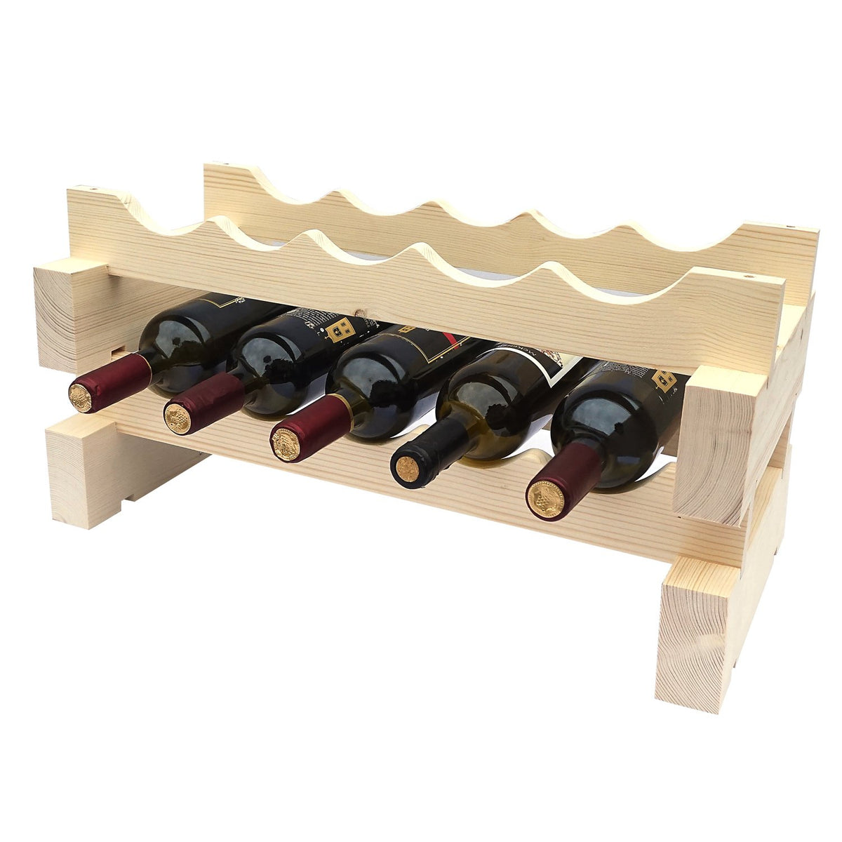 5 Bottle Modular Wine Rack - New Zealand Pine - With Bottles - Two Layers 