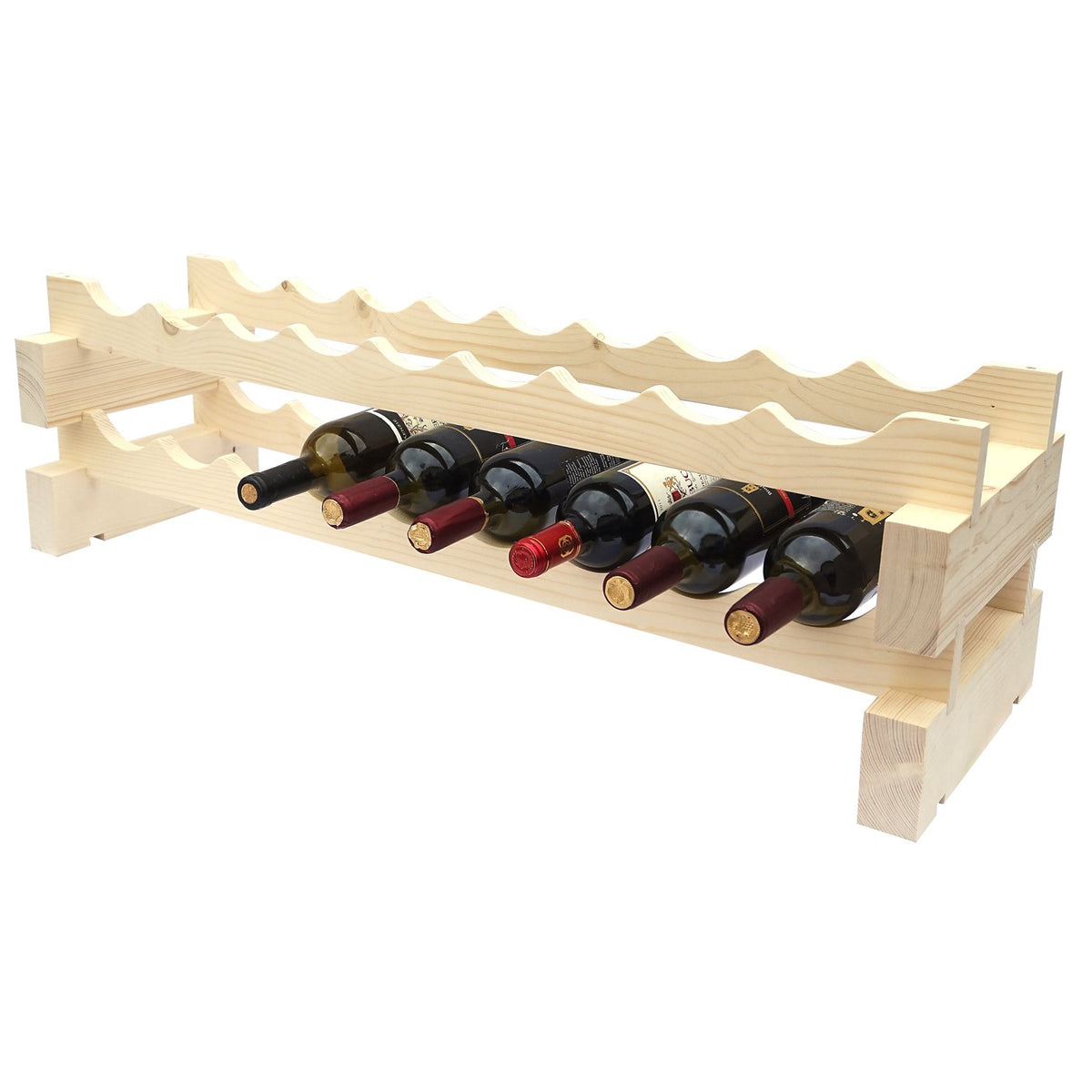 9 Bottle Modular Wine Rack Kit - New Zealand Pine - With Bottles - Two Layers