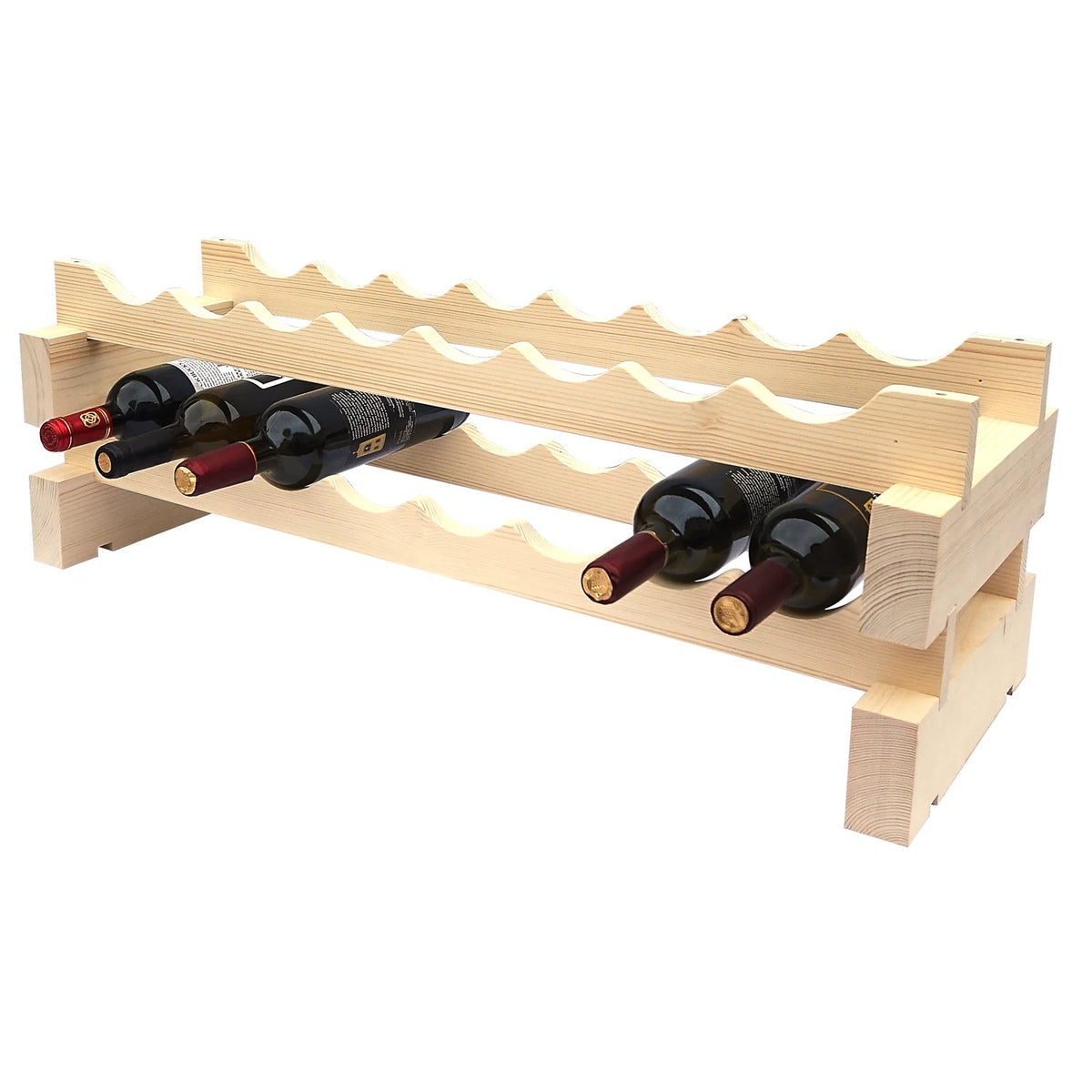9 Bottle Modular Wine Rack Kit - New Zealand Pine - With Bottles of Wine