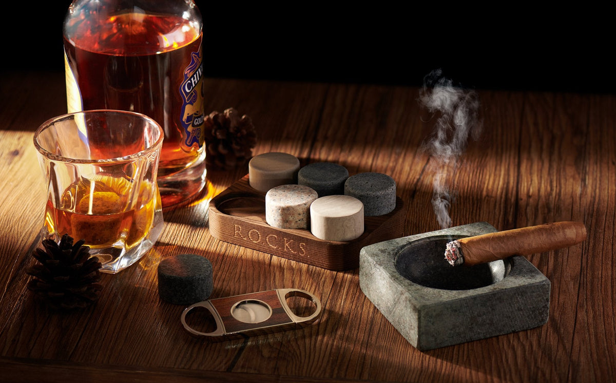 Whiskey Stones Gift Set with Cigar Cutter &amp; Cigar Ashtray