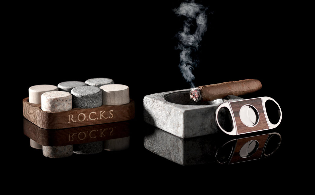 Whiskey Stones Gift Set with Cigar Cutter &amp; Cigar Ashtray - Wine Stash UK