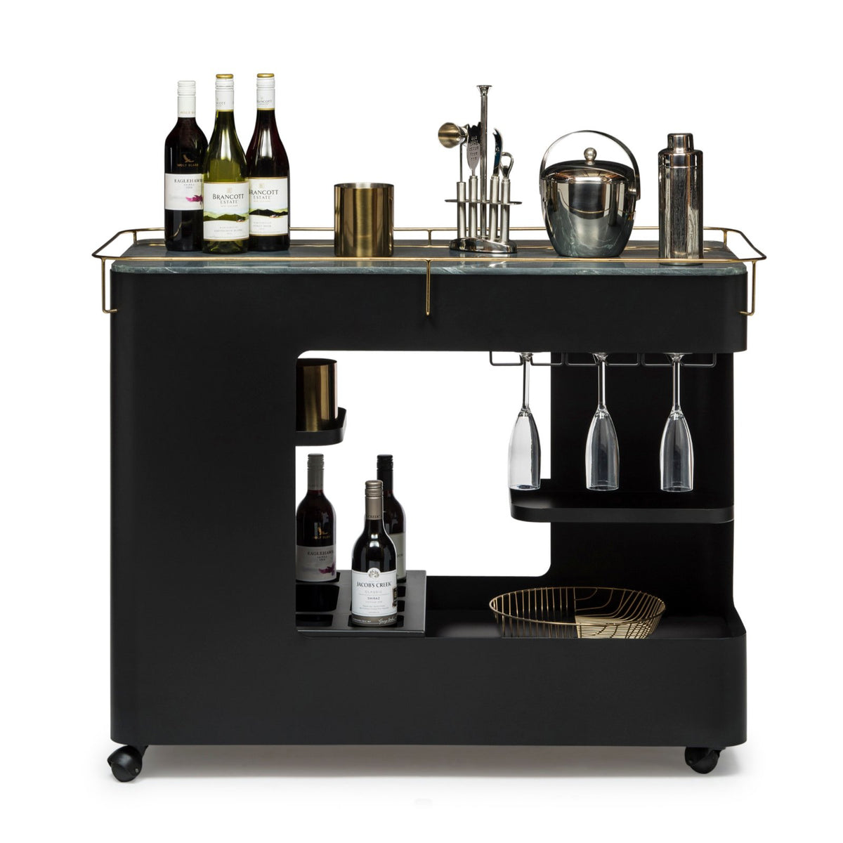 Black &amp; Gold Bar Cart with Marble Top - Wine Stash UK