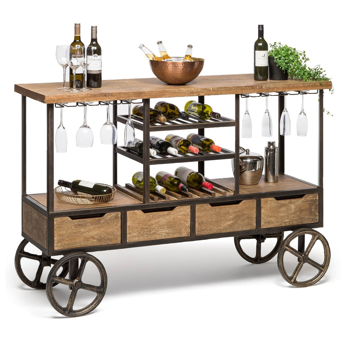Wooden Bar Cart with Wine Storage